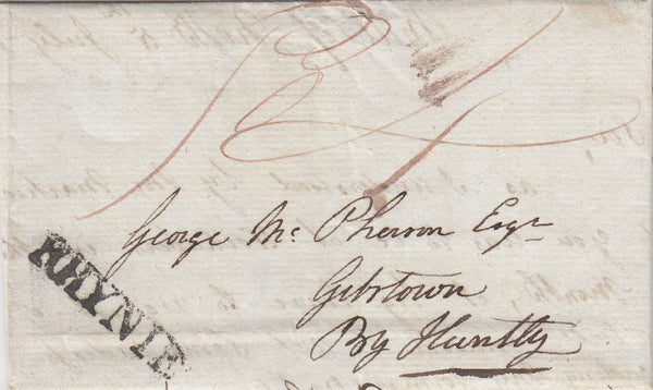 144747 1837 MAIL MILL OF NOTH, ABERDEENSHIRE TO HUNTLY, SCOTLAND WITH 'RHYNIE' HANDSTAMP.