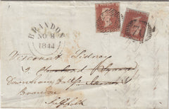 144749 1844 MAIL USED IN LONDON 1d (SG8) LONDON INLAND OFFICE CANCELLATION, REDIRECTED TO SUFFOLK SECOND 1d (SG8) WITH LONDON DISTRICT OFFICE CANCELLATION.