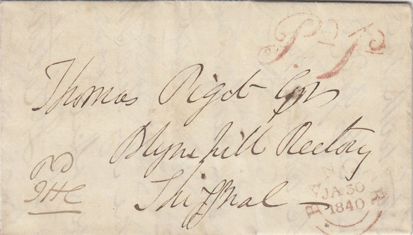 144750 1840 MOURNING WRAPPER BANGOR, WALES TO SHIFFNAL WITH BANGOR 'Pd 1d' UNIFORM PENNY POST HANDSTAMP (W226).