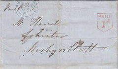 144753 1851 MAIL ABERYSTWITH TO MACHYNLLETH WITH ABERYSTWITH 'PAID/1d' UNIFORM PENNY POST 'SHIELD' HANDSTAMP (W125).