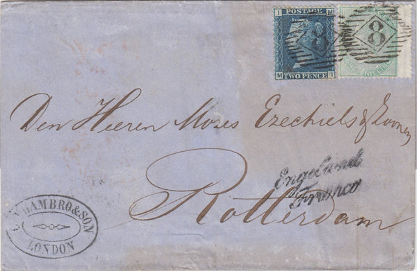 144757 1860 MAIL LONDON TO ROTTERDAM 2d BLUE (SG45) 1s PALE GREEN (SG73) PAYING 8d POSTAGE 6d LATE FEE.