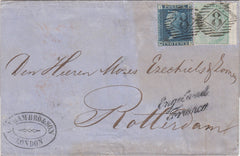 144757 1860 MAIL LONDON TO ROTTERDAM 2d BLUE (SG45) 1s PALE GREEN (SG73) PAYING 8d POSTAGE 6d LATE FEE.