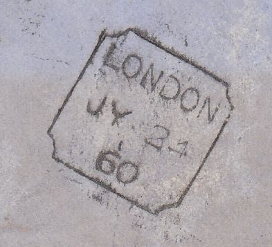 144757 1860 MAIL LONDON TO ROTTERDAM 2d BLUE (SG45) 1s PALE GREEN (SG73) PAYING 8d POSTAGE 6d LATE FEE.