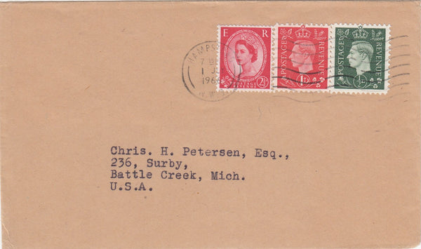 144765 1966 MAIL LONDON TO MICHIGAN, U.S.A. WITH KGVI ½d AND 1d GERMAN PROPAGANDA FORGERIES ALSO GENUINE QEII 2½d WILDING.