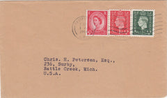 144765 1966 MAIL LONDON TO MICHIGAN, U.S.A. WITH KGVI ½d AND 1d GERMAN PROPAGANDA FORGERIES ALSO GENUINE QEII 2½d WILDING.