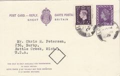 144766 1966 QEII 3d VIOLET REPLY POSTCARD LONDON TO MICHIGAN, U.S.A. UPRATED WITH 3d  GERMAN PROPAGANDA FORGERY.
