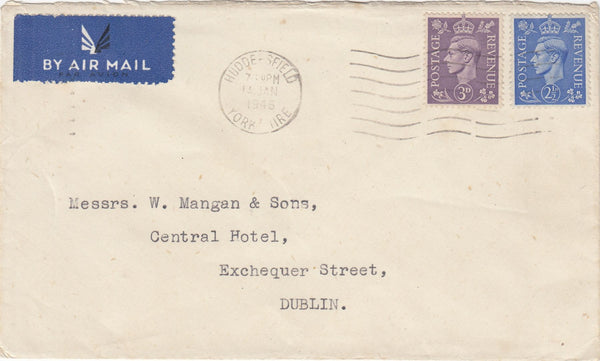 144767 1946 AIRMAIL HUDDERSFIELD TO DUBLIN KGVI 2½d AND 3d.