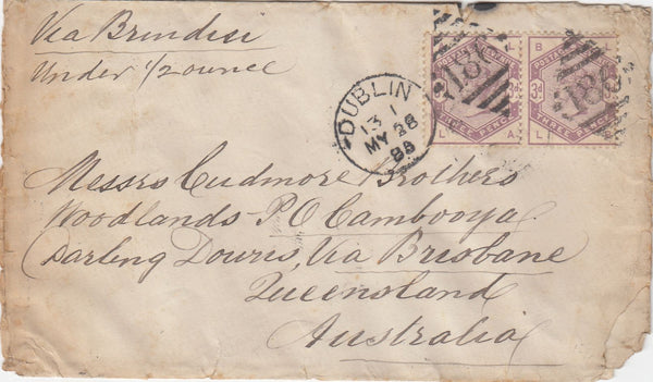 144768 1885 MAIL DUBLIN TO QUEENSLAND, AUSTRALIA 3d LILAC (SG191) x 2.
