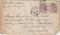 144768 1885 MAIL DUBLIN TO QUEENSLAND, AUSTRALIA 3d LILAC (SG191) x 2.