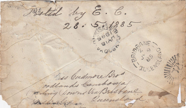 144768 1885 MAIL DUBLIN TO QUEENSLAND, AUSTRALIA 3d LILAC (SG191) x 2.