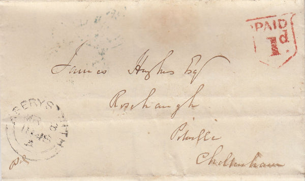 144771 1848 MAIL ABERYSTWITH TO CHELTENHAM WITH 'PAID/1d' UNIFORM PENNY POST HANDSTAMP OF ABERYSTWITH (W125).