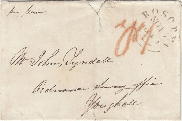 144772 1840 MAIL ROSCREA, CO. TIPPERARY TO YOUGHALL WITH 'dP'1' UNIFORM PENNY POST HANDSTAMP IN RED.