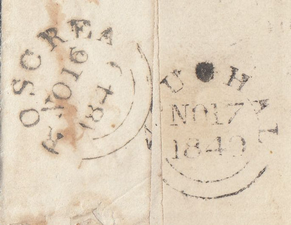 144772 1840 MAIL ROSCREA, CO. TIPPERARY TO YOUGHALL WITH 'dP'1' UNIFORM PENNY POST HANDSTAMP IN RED.