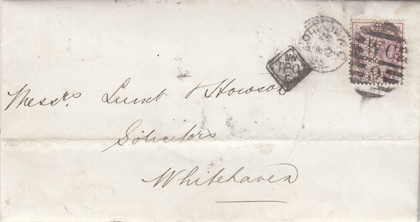 144774 1885 MAIL LONDON TO WHITEHAVEN, 1½d LILAC (SG188) 'G and C' PERFIN AND RAILWAY HANDSTAMPS.