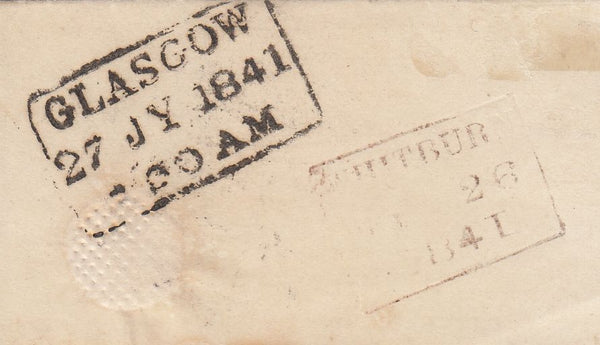 144776 1841 MAIL WHITBURN, WEST LOTHIAN TO GLASGOW 1d RED PL.1b (SG7)(OC) VERY FINE USED.