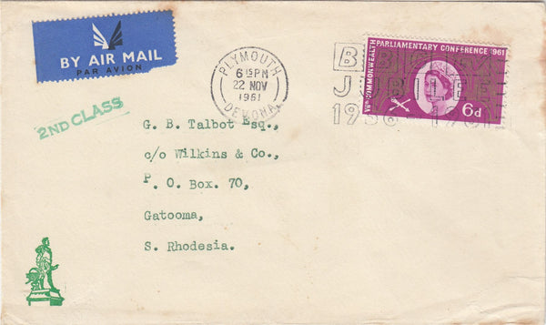144779 1961 AIRMAIL PLYMOUTH TO GATOOMA, SOUTHERN RHODESIA 6d PARLIAMENTARY CONFERENCE (SG629).