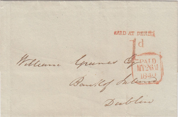 144782 1840 MAIL DERRY TO DUBLIN 'PAID AT DERRY/1d' UNIFORM PENNY POST HANDSTAMP.