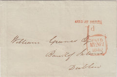 144782 1840 MAIL DERRY TO DUBLIN 'PAID AT DERRY/1d' UNIFORM PENNY POST HANDSTAMP.