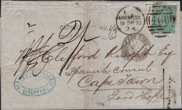 144786 1872 UNDERPAID MAIL LIVERPOOL TO CAPE TOWN 1s GREEN (SG117) 'DEFICIENT POSTAGE 1/-/HALF FINE 6' HANDSTAMP.