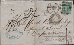 144786 1872 UNDERPAID MAIL LIVERPOOL TO CAPE TOWN 1s GREEN (SG117) 'DEFICIENT POSTAGE 1/-/HALF FINE 6' HANDSTAMP.