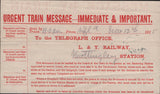 144789 1915 'URGENT TRAIN MESSAGE-IMMEDIATE AND IMPORTANT' PRINTED LETTER FROM WAKEFIELD TO KNOTTINGLEY STATION.