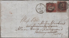 144809 1853 MAIL USED IN LONDON WITH 1d (SG8) '77' LONDON DISTRICT CANCELLATION, REDIRECTED TO RICHMOND, SURREY 1d (SG8) CANCELLED LONDON '72' DUPLEX.