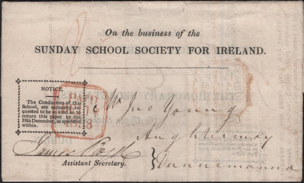 144810 1838 'On the business of the/SUNDAY SCHOOL SOCIETY FOR IRELAND'  PRINTED WRAPPER DUBLIN TO AUGHTERMOY, DONEMANA, TURNED AND REUSED TO DUBLIN WITH 'DUNAMANAGH' UDC.