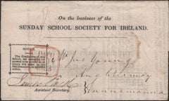 144810 1838 'On the business of the/SUNDAY SCHOOL SOCIETY FOR IRELAND'  PRINTED WRAPPER DUBLIN TO AUGHTERMOY, DONEMANA, TURNED AND REUSED TO DUBLIN WITH 'DUNAMANAGH' UDC.
