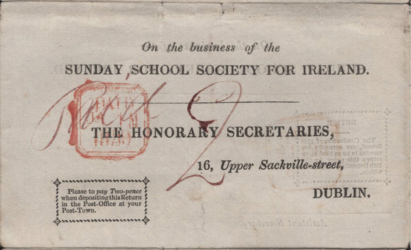 144810 1838 'On the business of the/SUNDAY SCHOOL SOCIETY FOR IRELAND'  PRINTED WRAPPER DUBLIN TO AUGHTERMOY, DONEMANA, TURNED AND REUSED TO DUBLIN WITH 'DUNAMANAGH' UDC.
