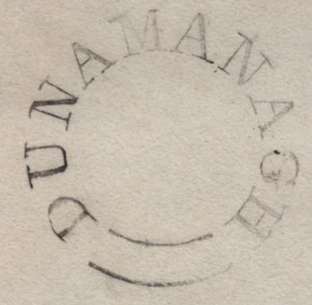 144810 1838 'On the business of the/SUNDAY SCHOOL SOCIETY FOR IRELAND'  PRINTED WRAPPER DUBLIN TO AUGHTERMOY, DONEMANA, TURNED AND REUSED TO DUBLIN WITH 'DUNAMANAGH' UDC.