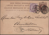 144812 1882 QV 1d BROWN UPU POSTCARD LONDON TO AMSTERDAM UPRATED 1d LILAC, 'MARK LANE' LATE FEE DUPLEX.
