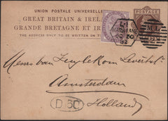 144812 1882 QV 1d BROWN UPU POSTCARD LONDON TO AMSTERDAM UPRATED 1d LILAC, 'MARK LANE' LATE FEE DUPLEX.