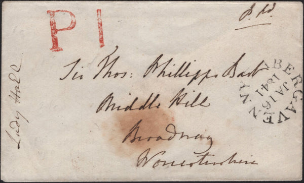144813 1841 MAIL ABERGAVENNY, MONMOUTHSHIRE TO BROADWAY, WORCS ABERGAVENNY 'P 1' UNIFORM PENNY POST HANDSTAMP (W65).