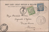 144814 1903 POSTCARD OF DOVER CASTLE TO FRANCE KEDVII 1d WITH 'LUDGATE CIRCUS' LATE FEE DUPLEX, ON REVERSE FRENCH POSTAGE DUES AND VARIOUS HANDSTAMPS.