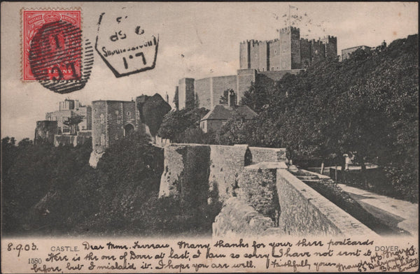 144814 1903 POSTCARD OF DOVER CASTLE TO FRANCE KEDVII 1d WITH 'LUDGATE CIRCUS' LATE FEE DUPLEX, ON REVERSE FRENCH POSTAGE DUES AND VARIOUS HANDSTAMPS.