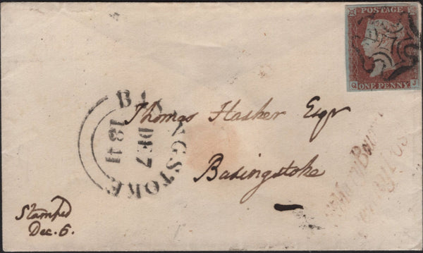 144815 1841 MAIL WHITCHURCH, HANTS TO BASINGSTOKE 1d PL.2 (SG7)(QJ) FINE USED.