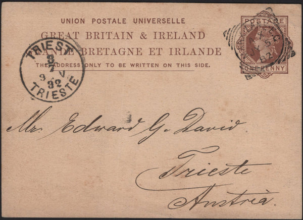 144816 1882 QV 1d BROWN UPU POSTCARD 'MARK LANE' LONDON TO TRIESTE, AUSTRIA.