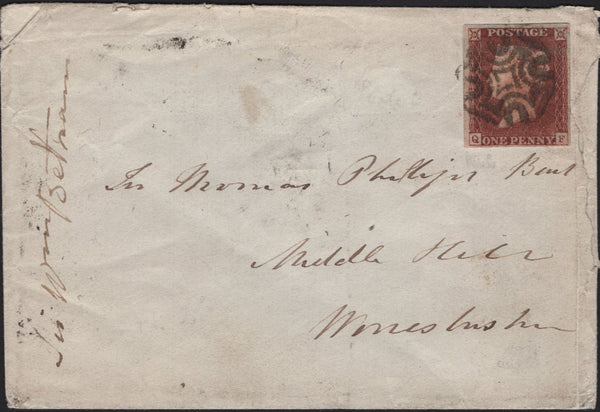 144817 1841 MAIL DUBLIN TO WORCESTERSHIRE 1d RED PLATE TWO (SG7)(QF) FINE USED.