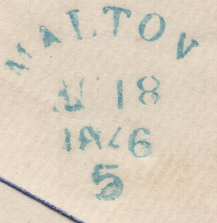 144819 1846 MAIL SHREWSBURY TO MALTON, 1d (SG8) 'MALTON/5' SKELETON DATE STAMP IN BLUE (YK1918).