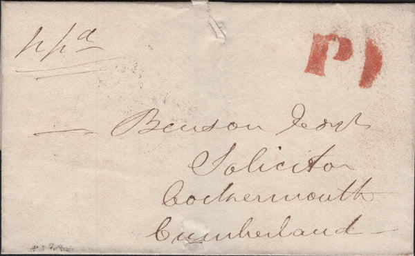 144820 1841 MAIL ISLE OF MAN TO COCKERMOUTH, CUMBERLAND VERY FINE ISLE OF MAN 'P 1' UNIFORM PENNY POST HANDSTAMP TYPE 'E' (IM 66).