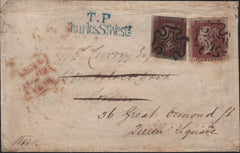 144822 1841 MAIL PILTOWN, CO. KILKENNY, IRELAND TO LONDON 1d RED PL.1b (SG7) REDIRECTED WITHIN LONDON SECOND 1d DEEP RED-BROWN VERY BLUED PAPER (SG8a).