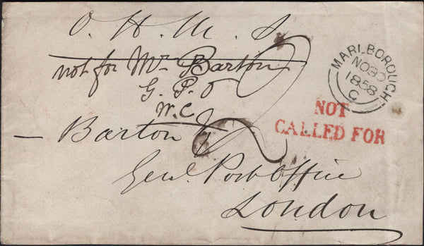 144824 1858 FRONT MARLBOROUGH, WILTS TO 'GENERAL POST OFFICE LONDON' 'NOT/CALLED FOR' HANDSTAMP IN RED.