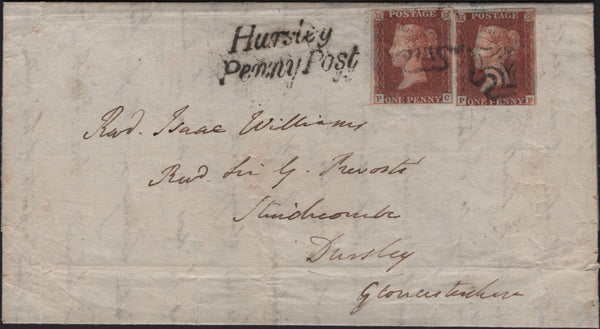 144826 1842 MAIL HURSLEY, HANTS TO DURSLEY 1d RED PL.9 (SG7) x 2 'Hursley/Penny Post' HANDSTAMP (HA607).