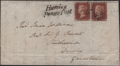 144826 1842 MAIL HURSLEY, HANTS TO DURSLEY 1d RED PL.9 (SG7) x 2 'Hursley/Penny Post' HANDSTAMP (HA607).