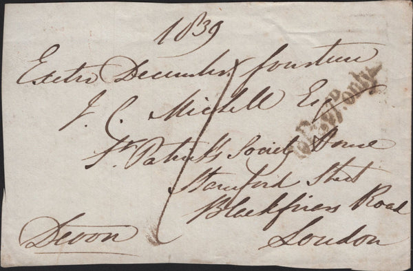 144829 1839 UNIFORM FOURPENNY POST, FREE FRONT EXETER TO LONDON CHARGED '1'.