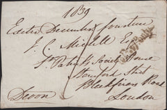 144829 1839 UNIFORM FOURPENNY POST, FREE FRONT EXETER TO LONDON CHARGED '1'.