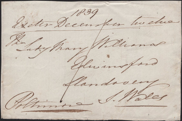 144830 1839 UNIFORM FOURPENNY POST FREE FRONT EXETER TO LLANDOVERY CHARGED '1'.