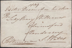 144830 1839 UNIFORM FOURPENNY POST FREE FRONT EXETER TO LLANDOVERY CHARGED '1'.