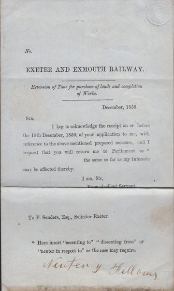 144831 1856 'EXETER AND EXMOUTH RAILWAY',  PRINTED LETTER TOPSHAM, DEVON TO EXETER 1d  (SPEC C6)(KI).