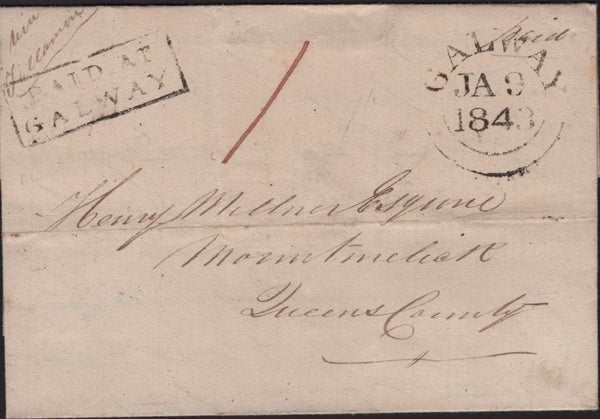 144832  1843 MAIL GALWAY TO MOUNTMELLICK, IRELAND WITH 'PAID AT/GALWAY' HANDSTAMP.